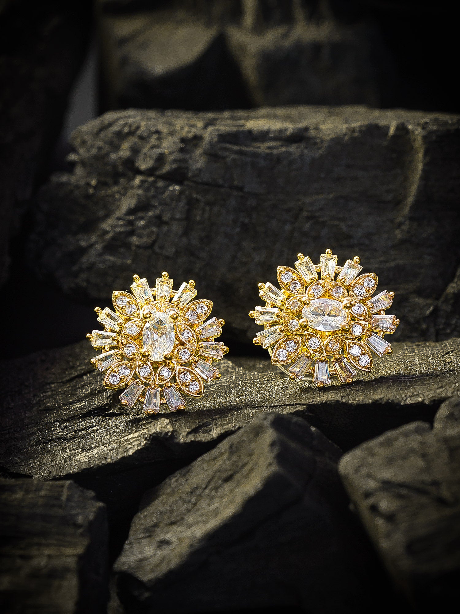 Aadita Gold-Plated White AD Stone Baguette and Marquise Floral Cluster Stud Earrings For Party Wear