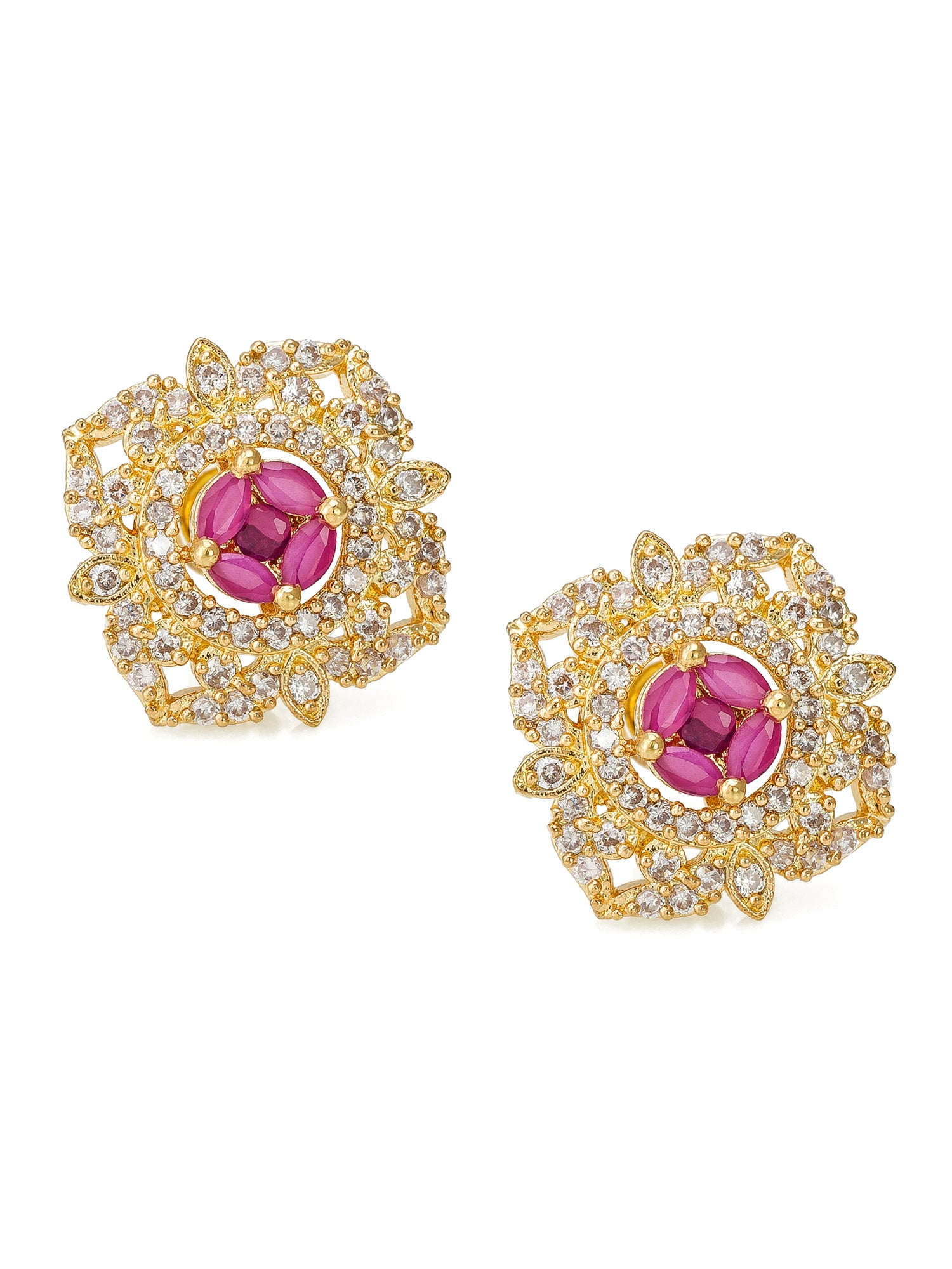 Aadita Festive Wear Gold-Plated Floral AD Stud Earrings With Pink And White Stone Cluster