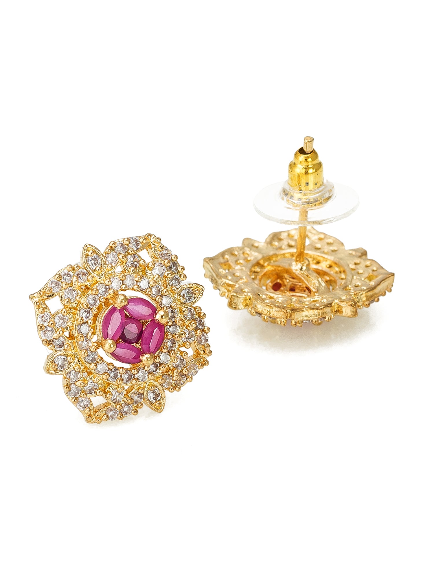 Aadita Festive Wear Gold-Plated Floral AD Stud Earrings With Pink And White Stone Cluster