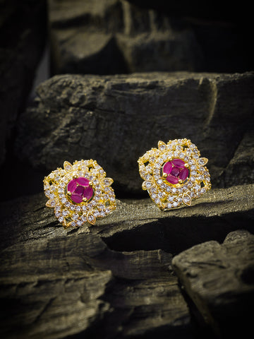 Aadita Festive Wear Gold-Plated Floral AD Stud Earrings With Pink And White Stone Cluster