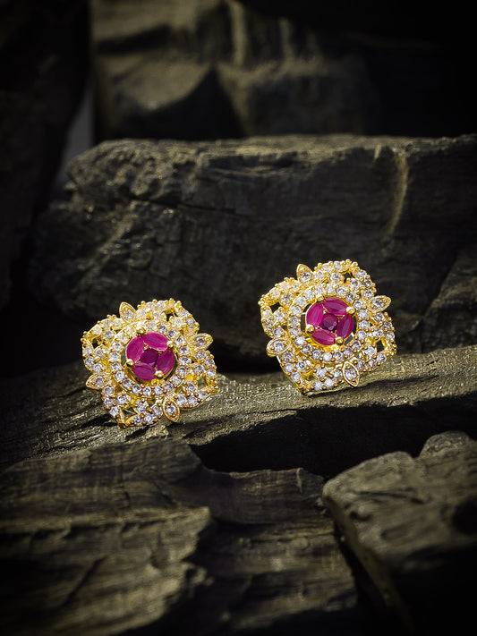 Aadita Festive Wear Gold-Plated Floral AD Stud Earrings With Pink And White Stone Cluster