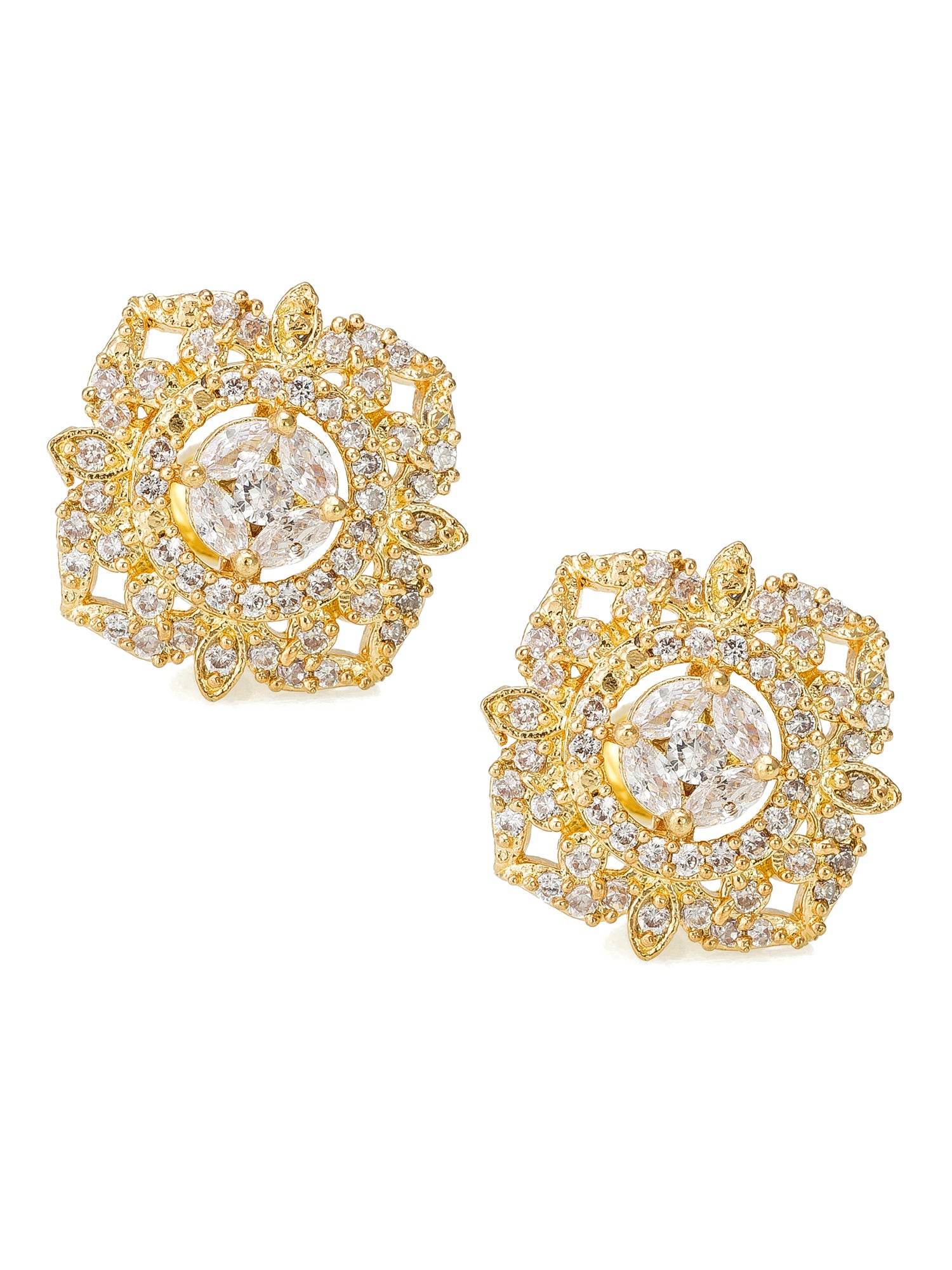 Aadita Formal Wear Gold-Plated Floral AD Stone Stud Earrings with Marquise Centre and White Stone