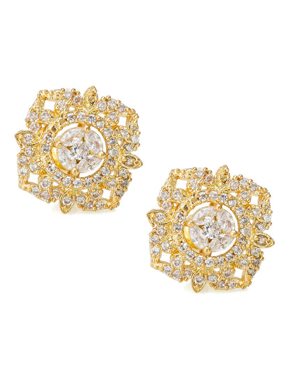 Aadita Formal Wear Gold-Plated Floral AD Stone Stud Earrings with Marquise Centre and White Stone