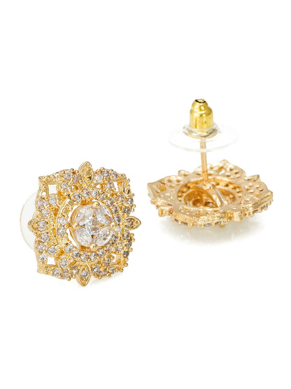 Aadita Formal Wear Gold-Plated Floral AD Stone Stud Earrings with Marquise Centre and White Stone