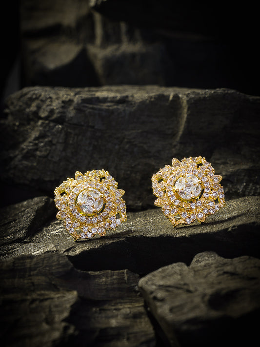 Aadita Formal Wear Gold-Plated Floral AD Stone Stud Earrings with Marquise Centre and White Stone