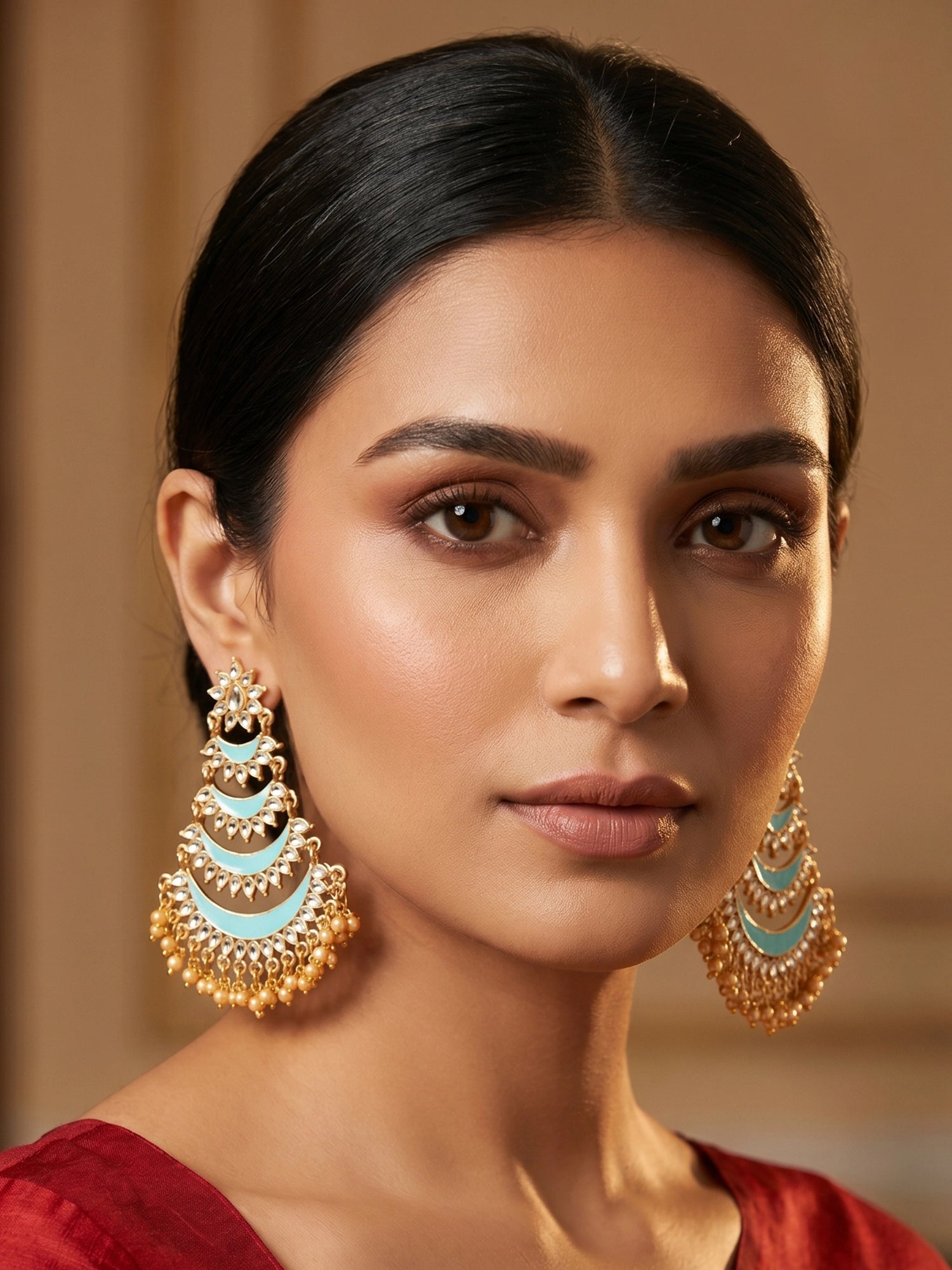 Aadita Gold Tone Kundan Chandelier Earrings with Bead Drops