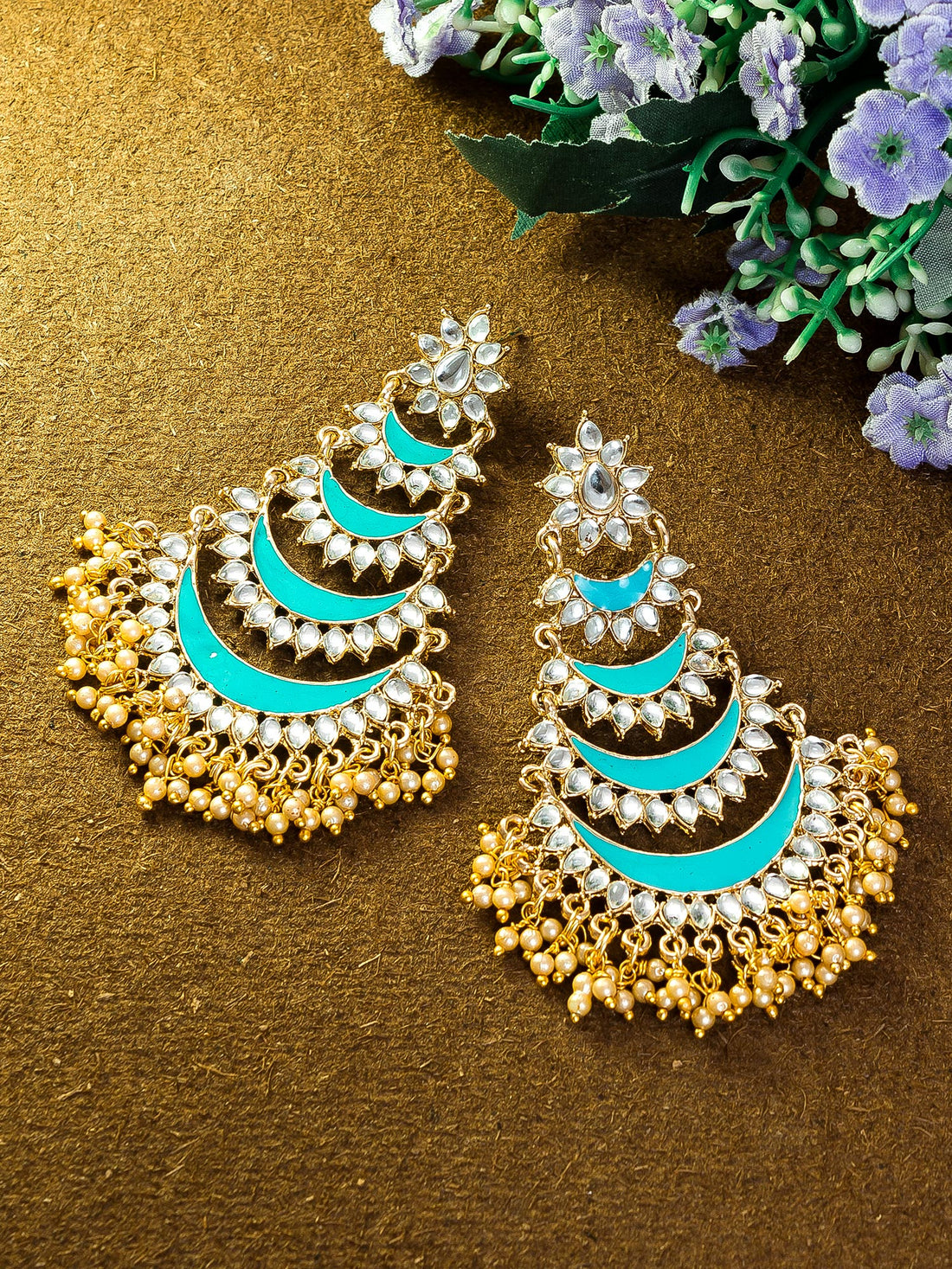 Aadita Gold Tone Kundan Chandelier Earrings with Bead Drops