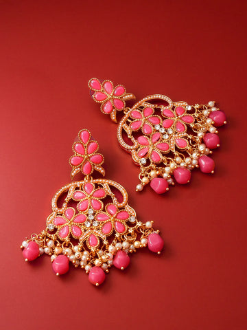 Floral Chandelier Earrings On A Red Background