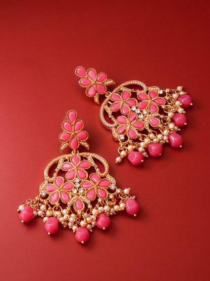 Floral Chandelier Earrings On A Red Background