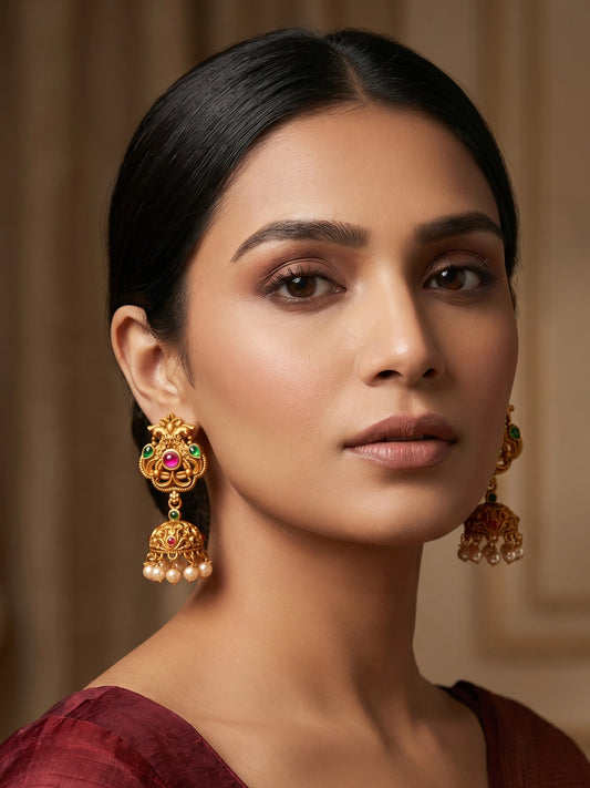 Aadita Antique Gold Jhumka Earrings with Stones and Pearl Drops