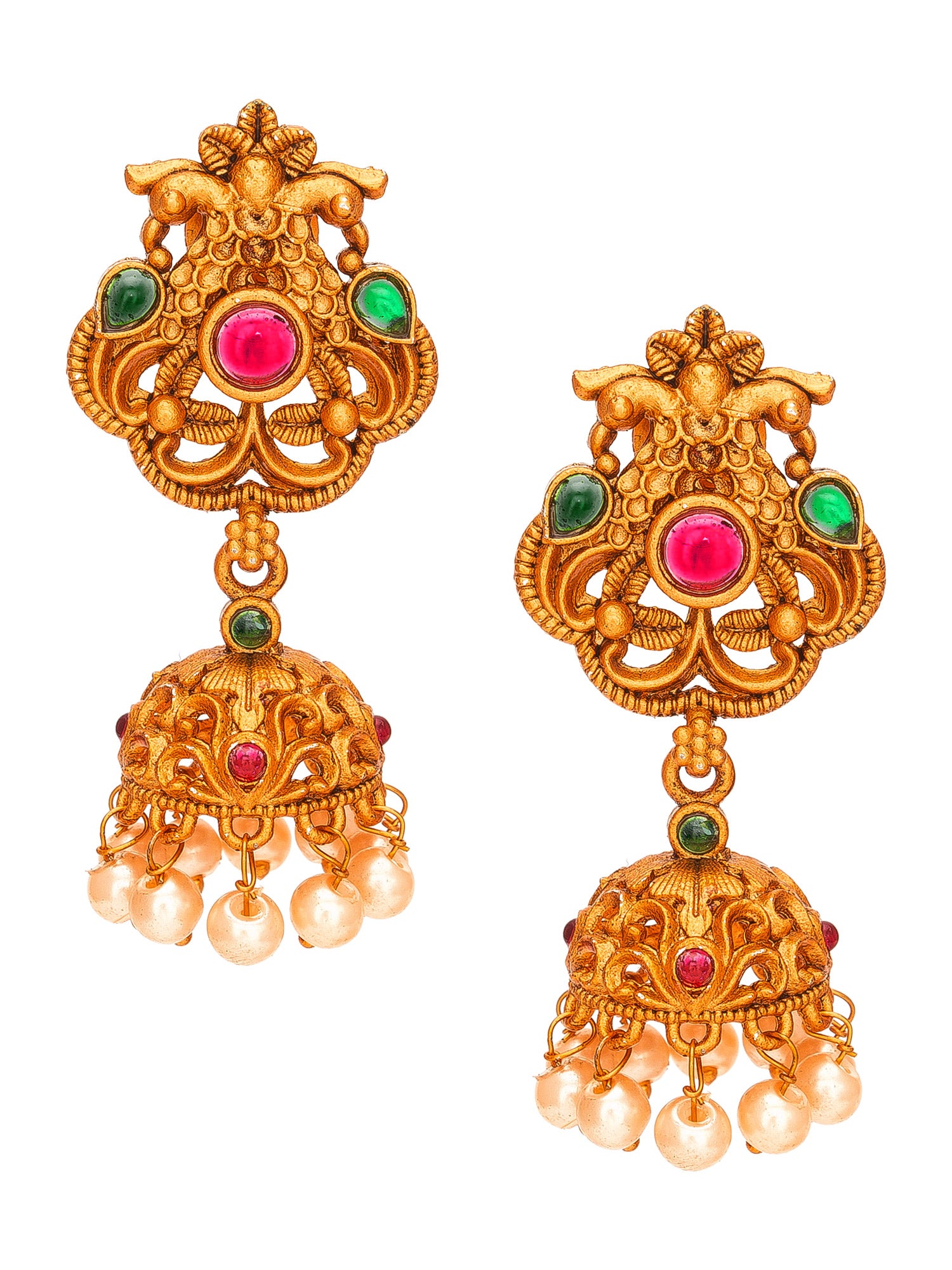 Aadita Antique Gold Jhumka Earrings with Stones and Pearl Drops