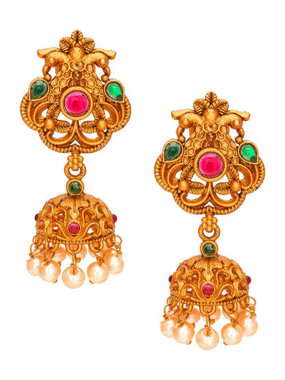 Aadita Antique Gold Jhumka Earrings with Stones and Pearl Drops