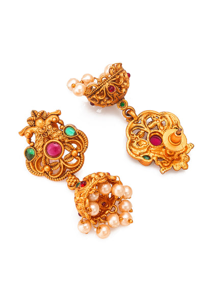 Aadita Antique Gold Jhumka Earrings with Stones and Pearl Drops