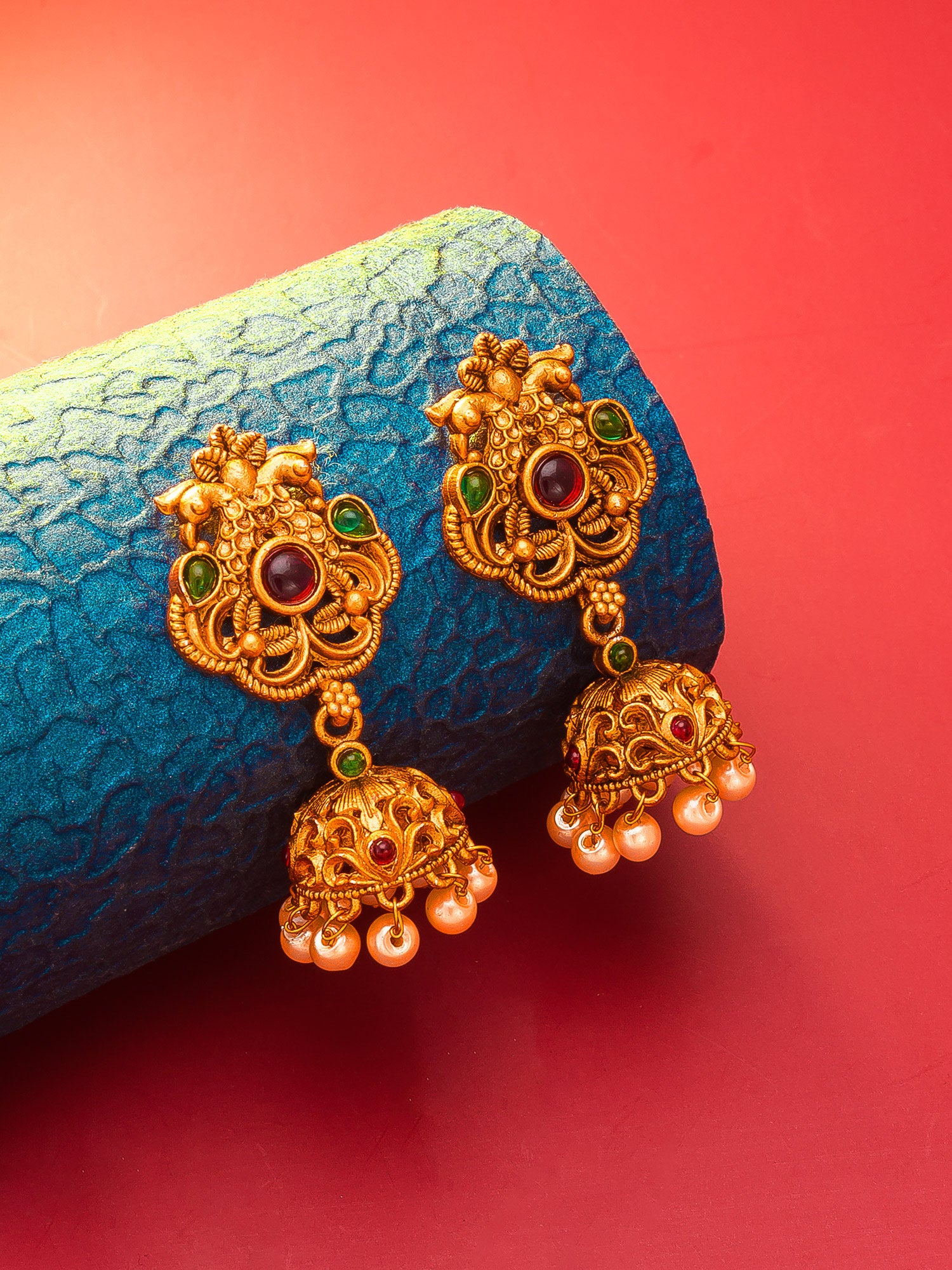 Aadita Antique Gold Jhumka Earrings with Stones and Pearl Drops
