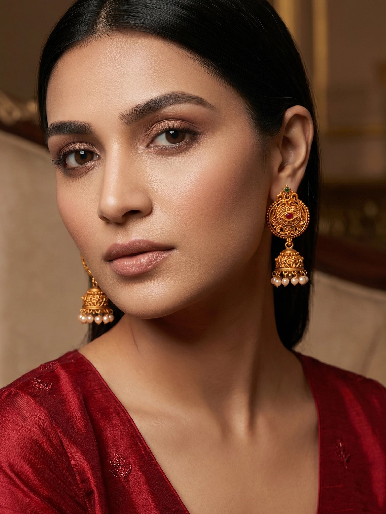 Aadita Antique Gold Jhumka Earrings with Stone and Pearl Drops