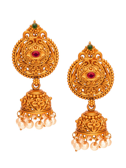 Aadita Antique Gold Jhumka Earrings with Stone and Pearl Drops