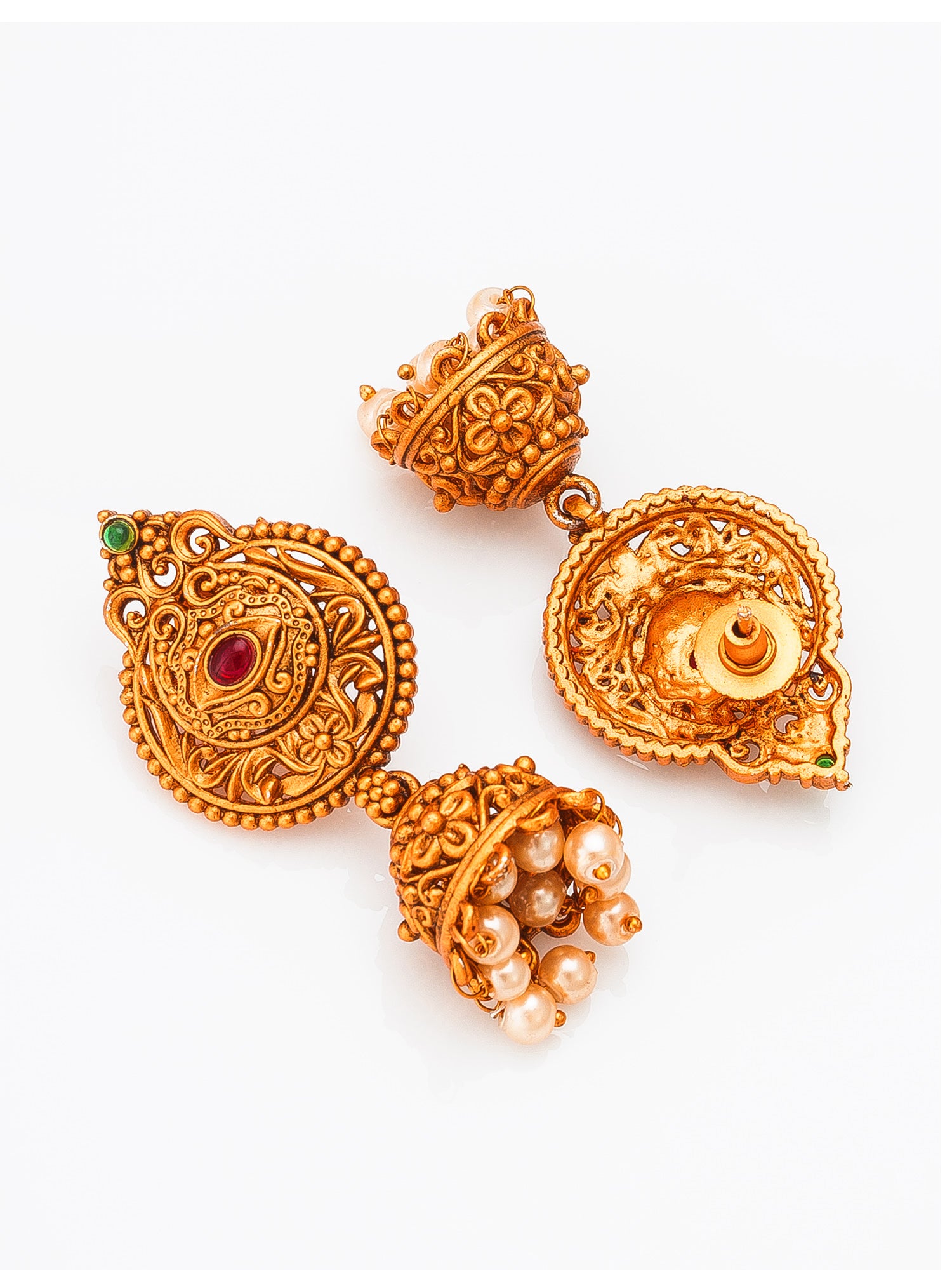 Aadita Antique Gold Jhumka Earrings with Stone and Pearl Drops