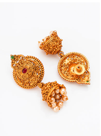 Aadita Antique Gold Jhumka Earrings with Stone and Pearl Drops