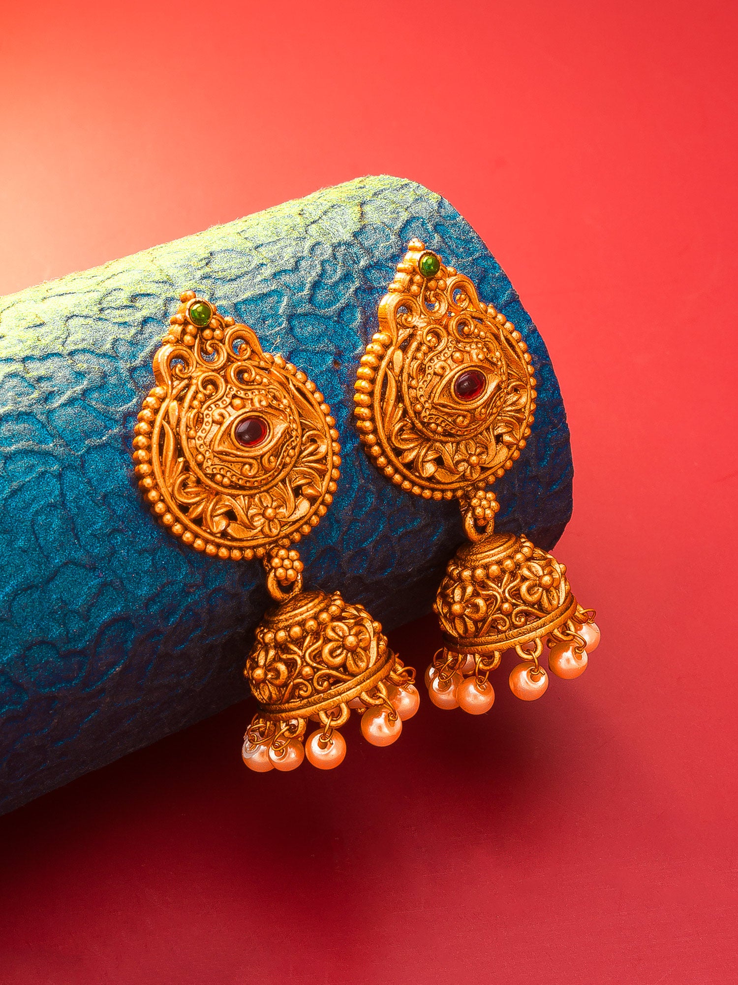 Aadita Antique Gold Jhumka Earrings with Stone and Pearl Drops