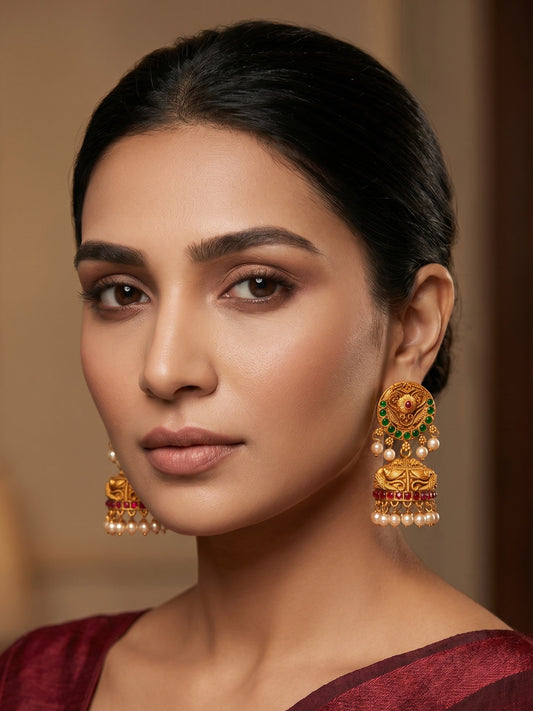Aadita Antique Gold Jhumka Earrings with Stones and Pearl Drops