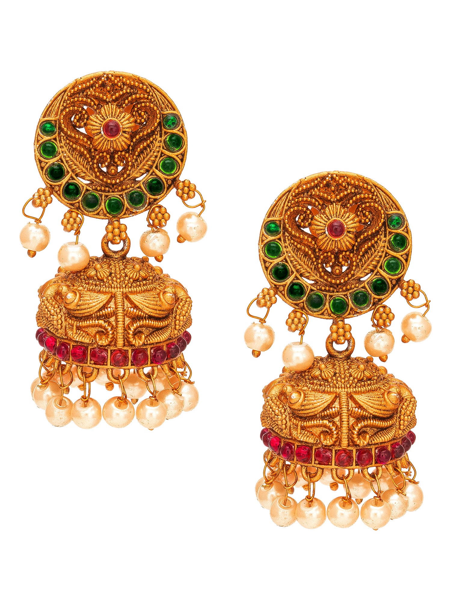 Aadita Antique Gold Jhumka Earrings with Stones and Pearl Drops