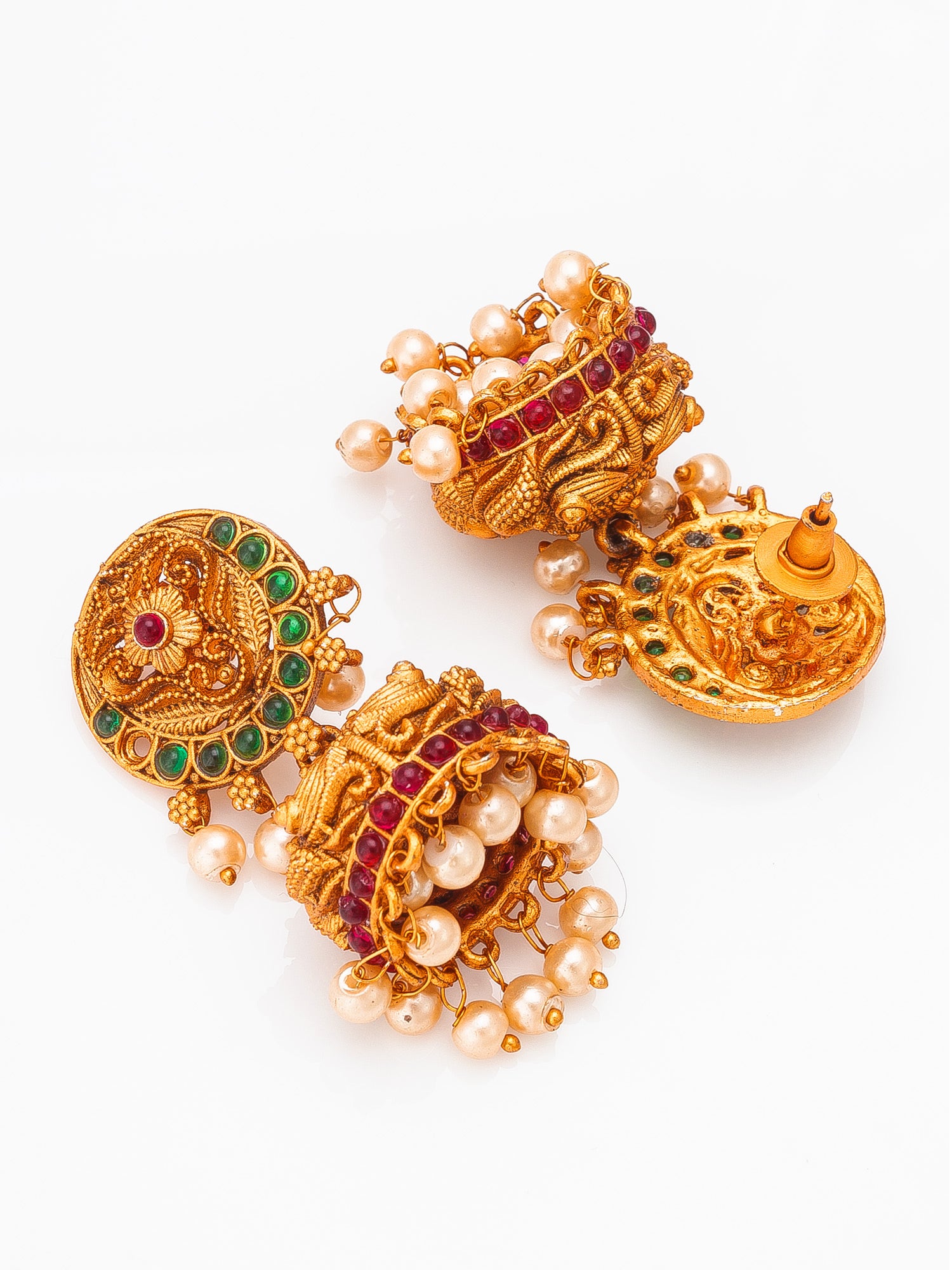 Aadita Antique Gold Jhumka Earrings with Stones and Pearl Drops