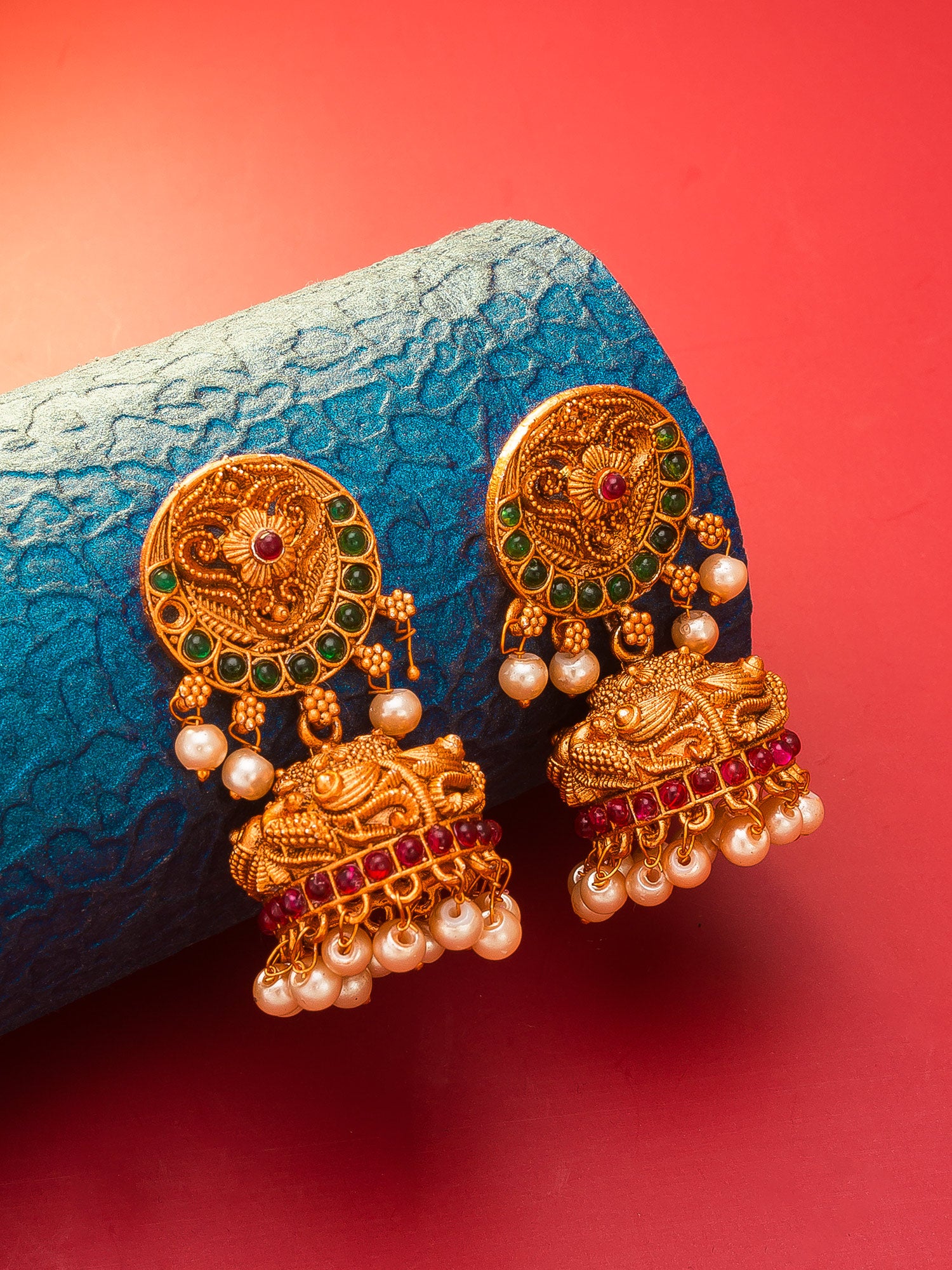 Aadita Antique Gold Jhumka Earrings with Stones and Pearl Drops