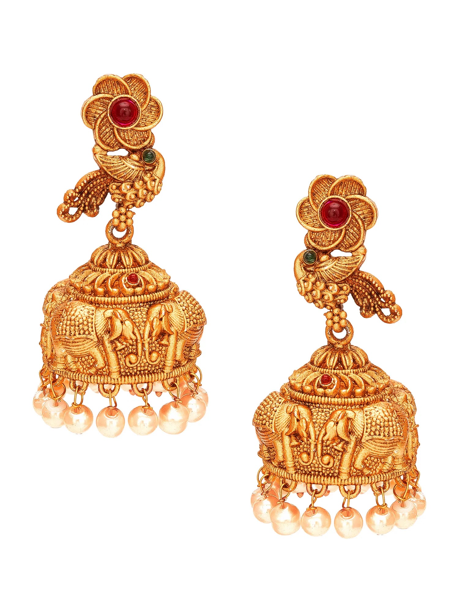 Peacock Floral Elephant Jhumka Earrings On A White Background