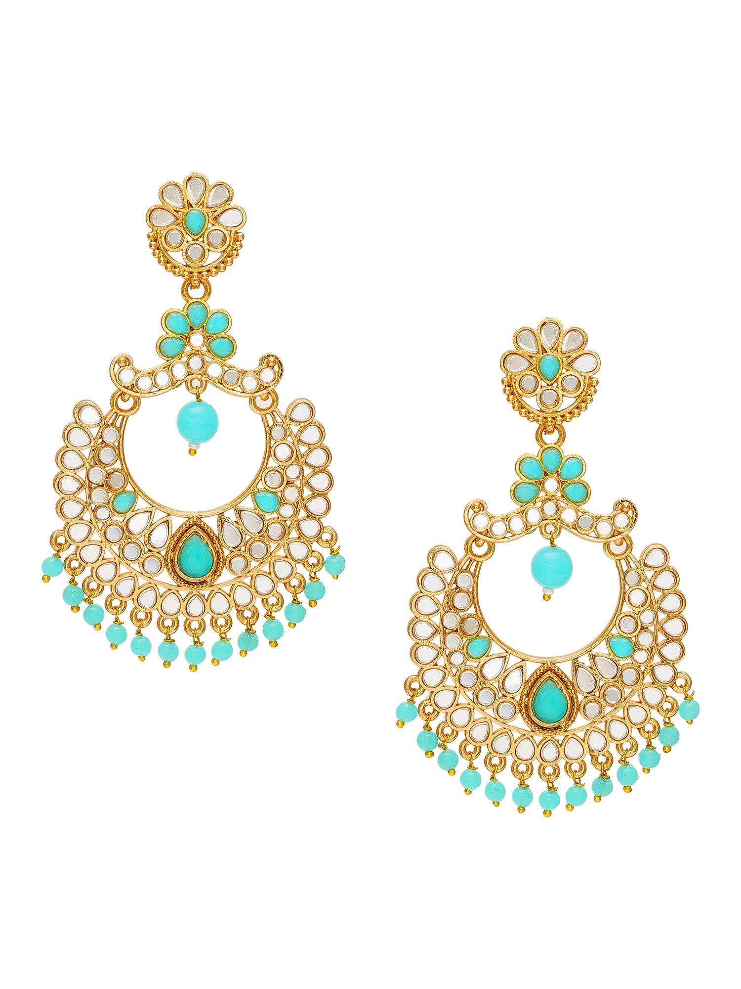 A pair of ornate gold-toned dangle earrings with turquoise blue stones and white inlay details, displayed against a solid white background.