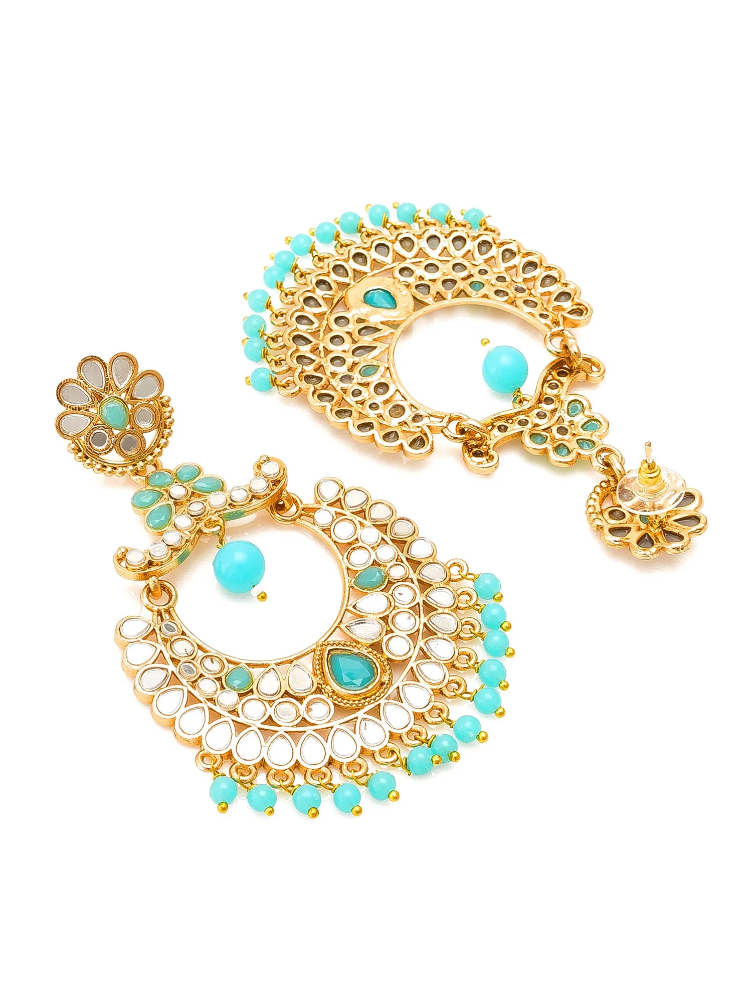 A pair of ornate gold-toned dangle earrings with turquoise blue beads, clear stone accents, and a central round turquoise stone, displayed on a clean white background.