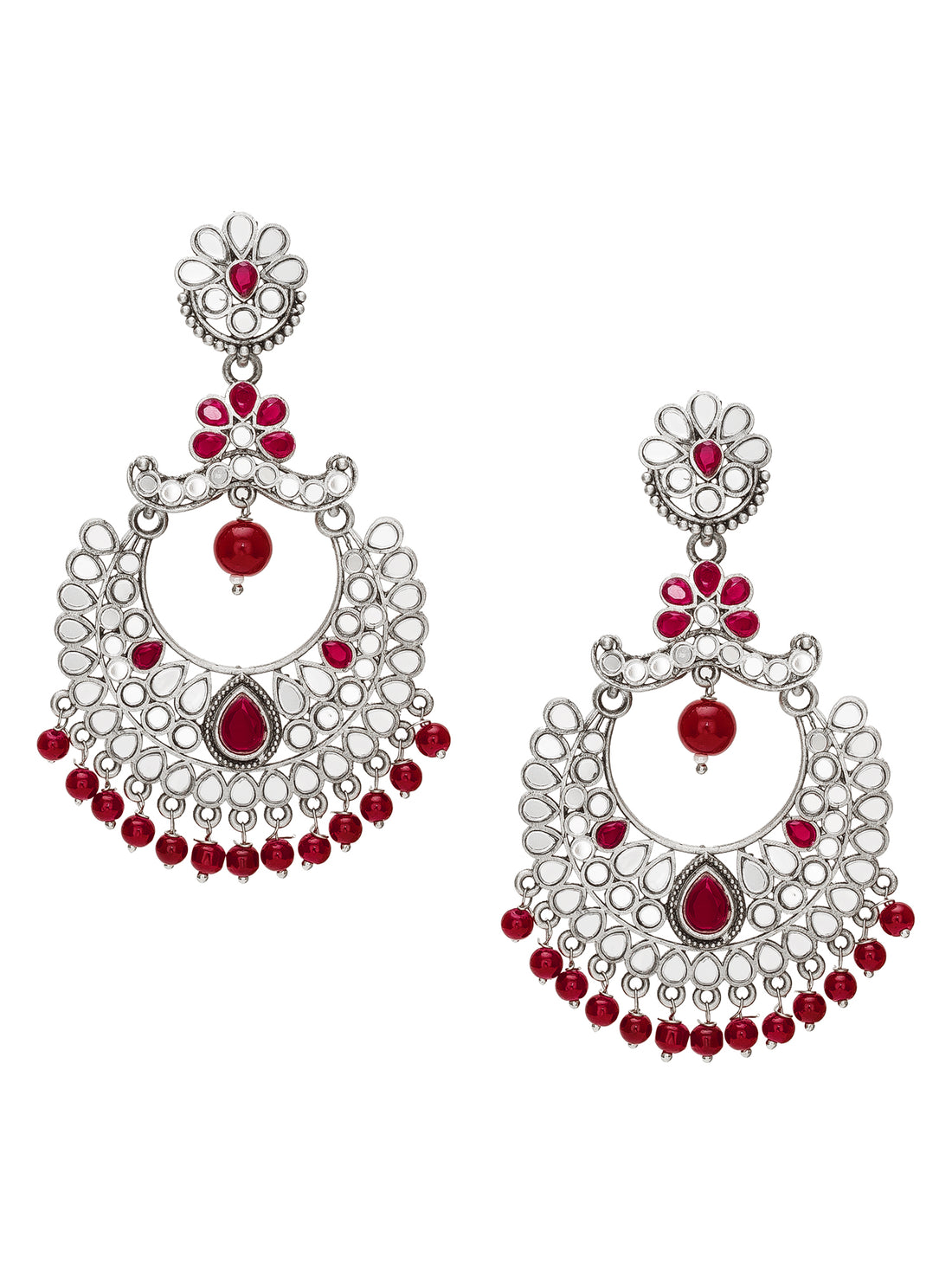 Aadita Navratri Wear Oxidized Silver Mirror and Red Stone Chandbali Earrings with Bead Drops