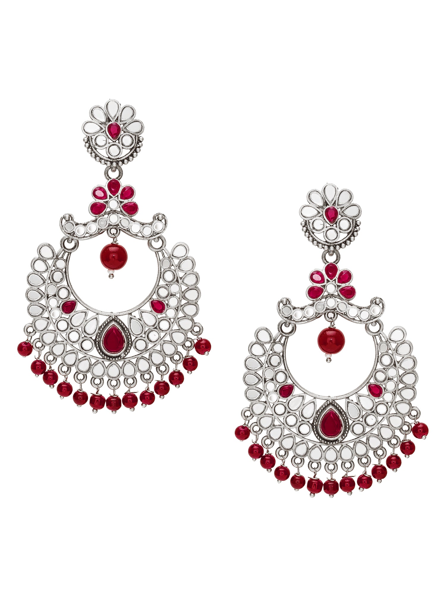Aadita Navratri Wear Oxidized Silver Mirror and Red Stone Chandbali Earrings with Bead Drops
