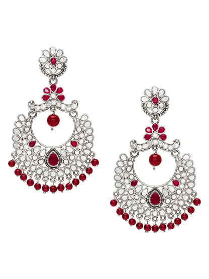 Aadita Navratri Wear Oxidized Silver Mirror and Red Stone Chandbali Earrings with Bead Drops