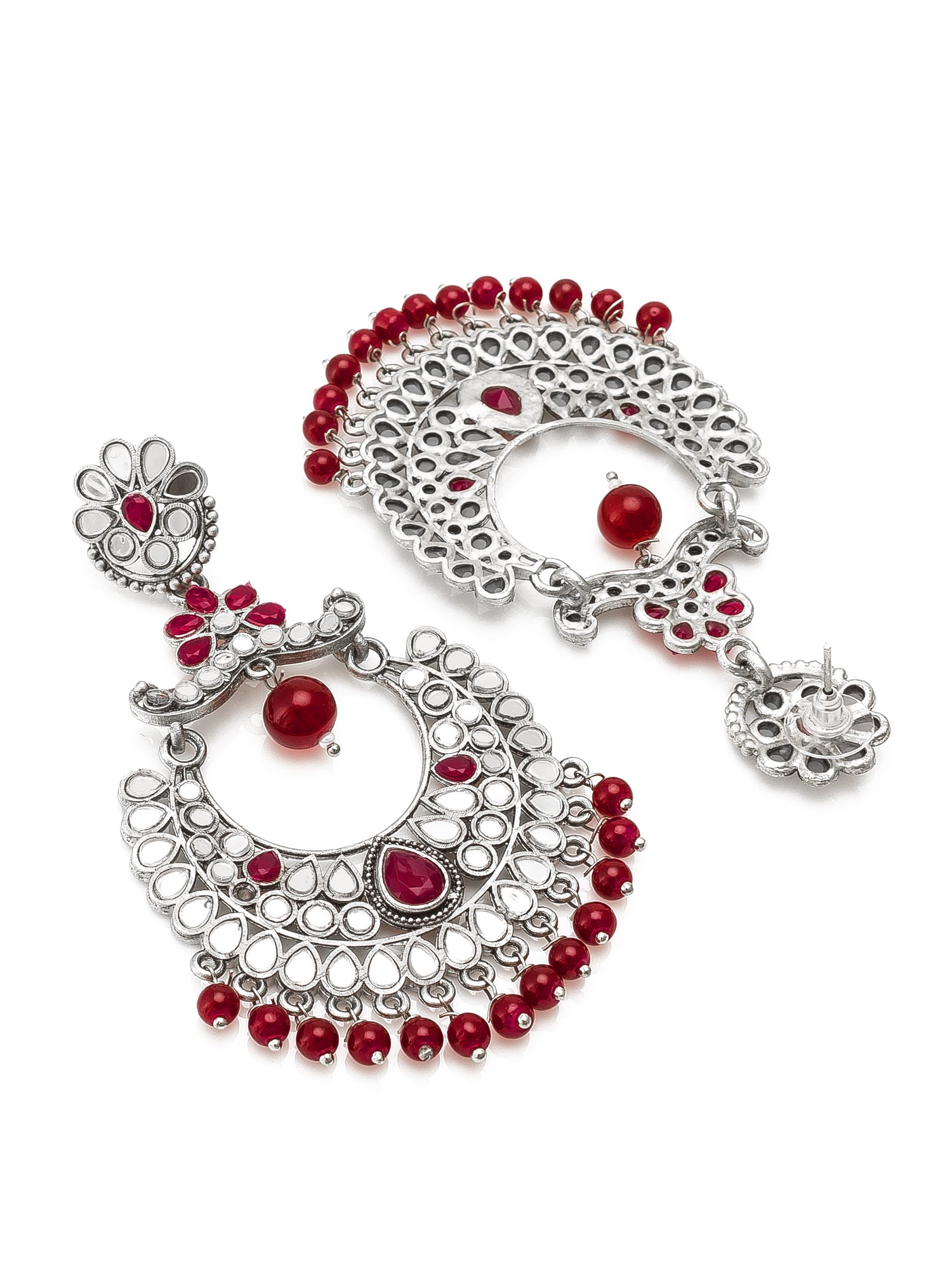 Aadita Navratri Wear Oxidized Silver Mirror and Red Stone Chandbali Earrings with Bead Drops