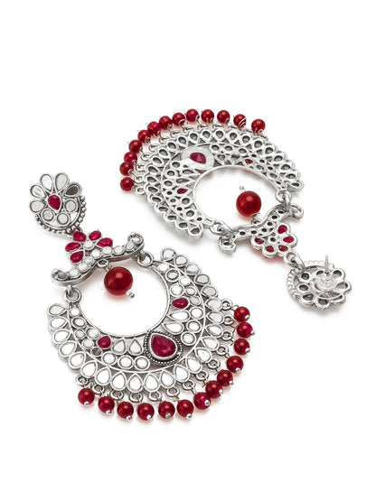 Aadita Navratri Wear Oxidized Silver Mirror and Red Stone Chandbali Earrings with Bead Drops