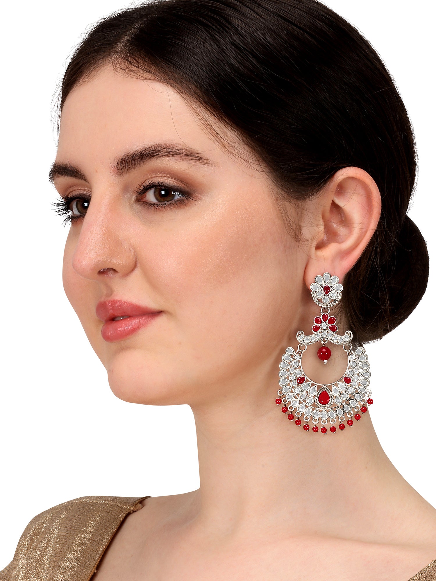 Aadita Navratri Wear Oxidized Silver Mirror and Red Stone Chandbali Earrings with Bead Drops