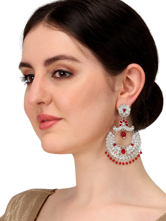 Aadita Navratri Wear Oxidized Silver Mirror and Red Stone Chandbali Earrings with Bead Drops