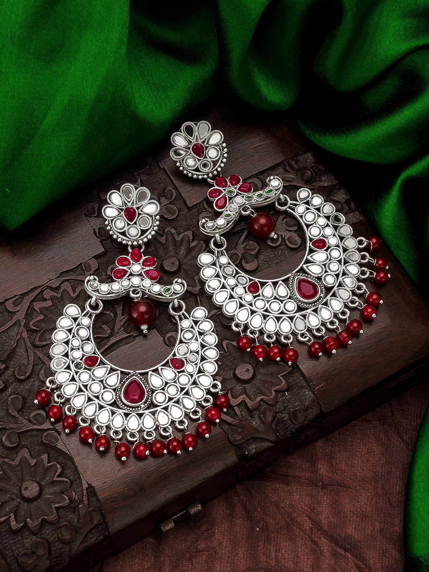 Aadita Navratri Wear Oxidized Silver Mirror and Red Stone Chandbali Earrings with Bead Drops