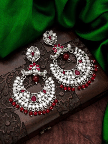 Aadita Navratri Wear Oxidized Silver Mirror and Red Stone Chandbali Earrings with Bead Drops