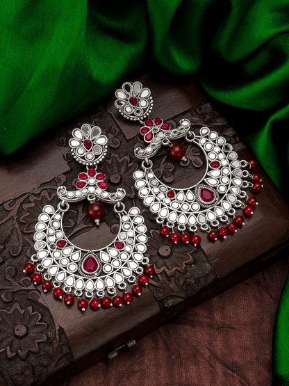 Aadita Navratri Wear Oxidized Silver Mirror and Red Stone Chandbali Earrings with Bead Drops