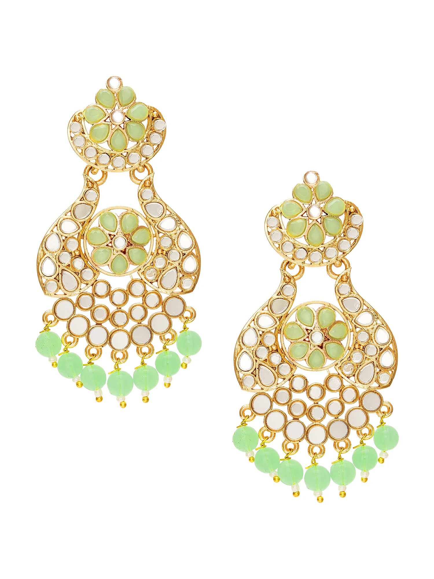 A pair of gold-plated dangle earrings decorated with light green stone flowers, white stone filigree, and dangling light green bead drops, shown against a plain white background.