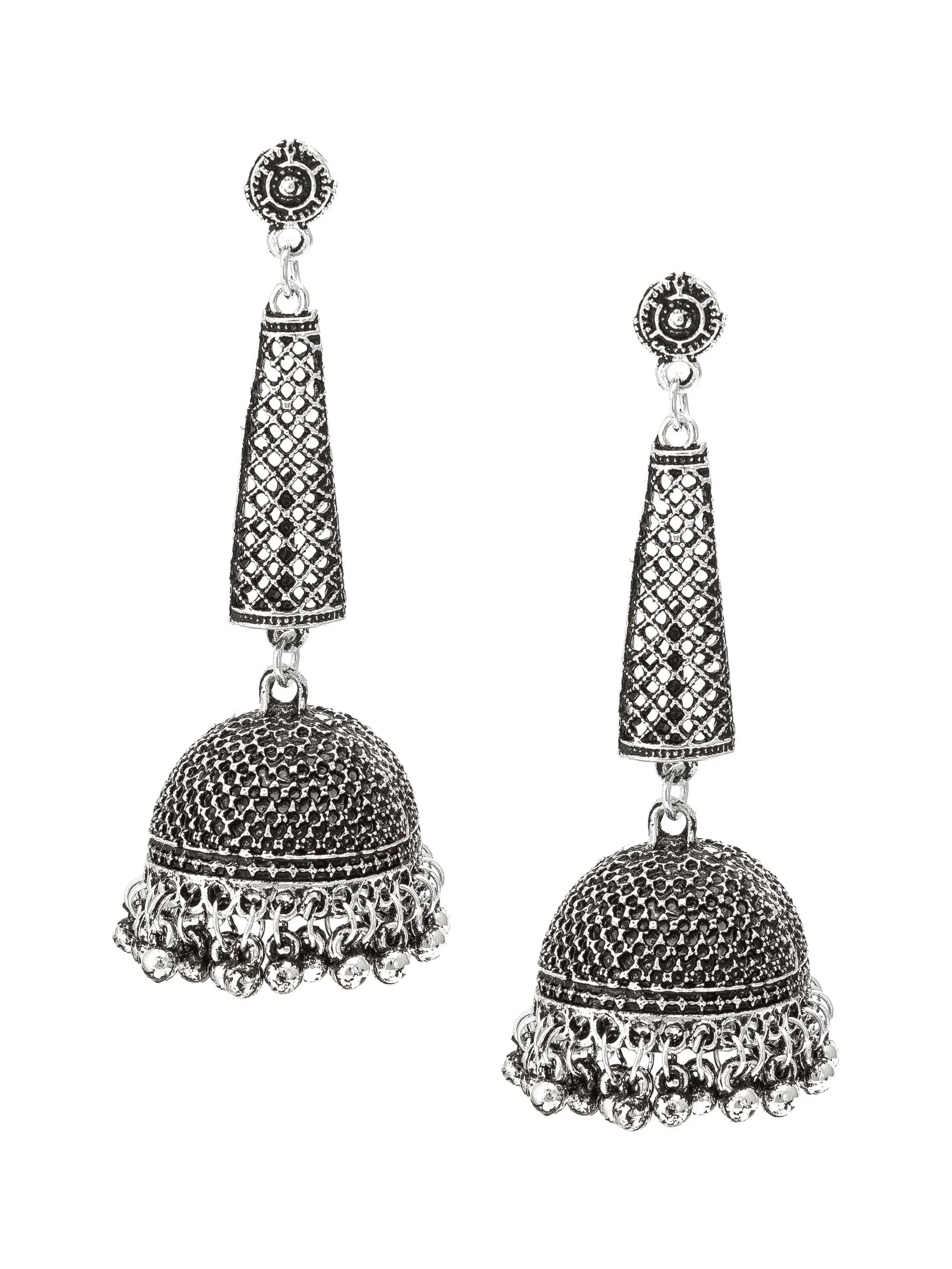 A pair of silver-toned Indian jhumka earrings with intricate filigree detailing and dangling bell-shaped charms on a plain white background.