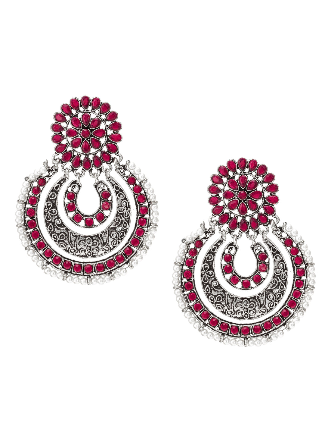 Aadita Festive Wear Red Stone Oxidized Chandelier Earrings with Pearl Border and Floral Stud Top