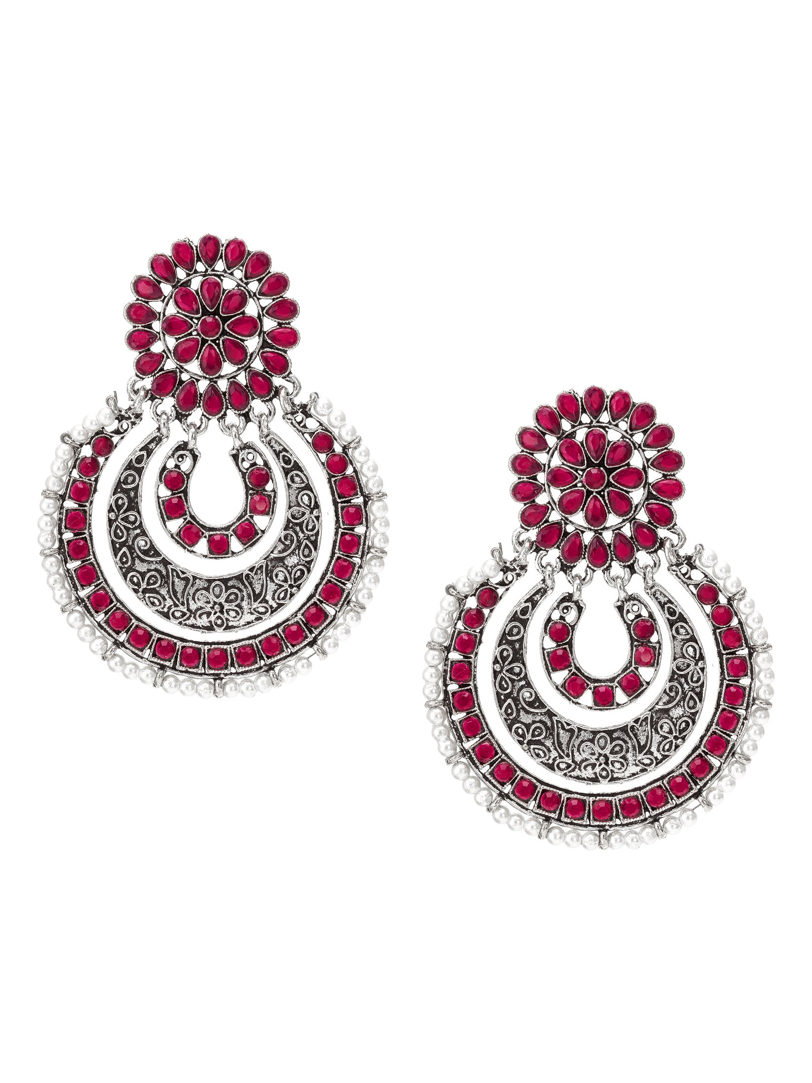 Aadita Festive Wear Red Stone Oxidized Chandelier Earrings with Pearl Border and Floral Stud Top