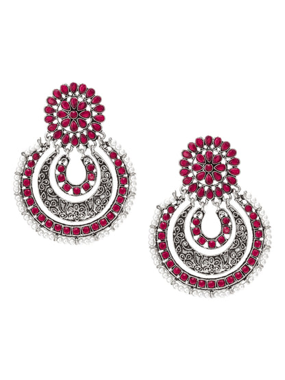 Aadita Festive Wear Red Stone Oxidized Chandelier Earrings with Pearl Border and Floral Stud Top