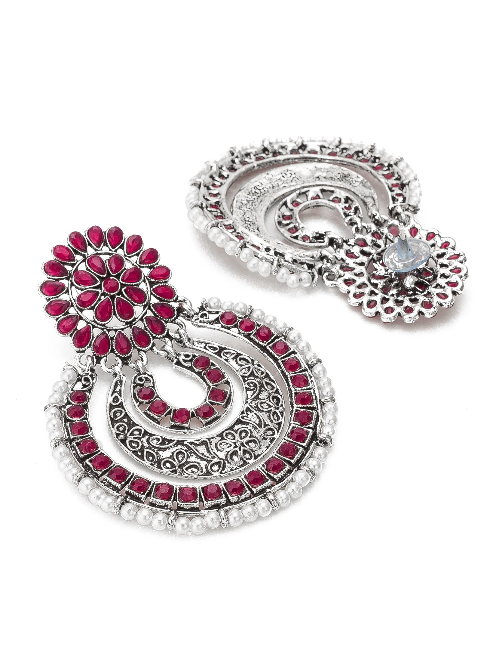 Aadita Festive Wear Red Stone Oxidized Chandelier Earrings with Pearl Border and Floral Stud Top