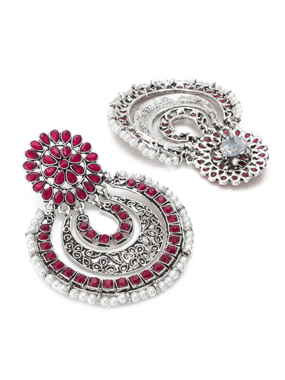 Aadita Festive Wear Red Stone Oxidized Chandelier Earrings with Pearl Border and Floral Stud Top