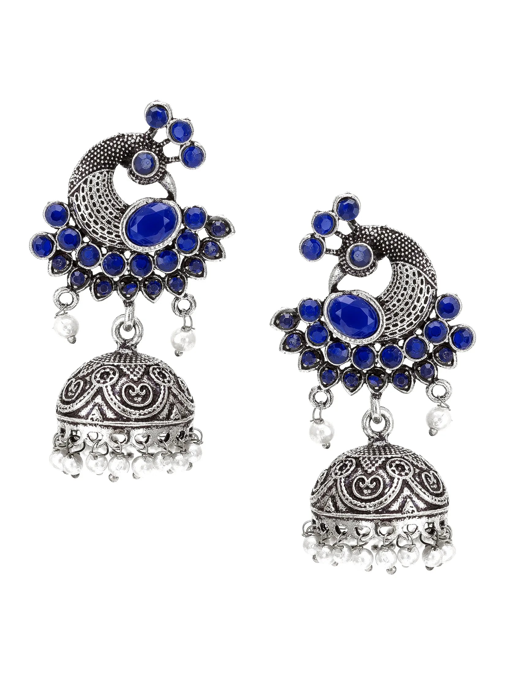 A pair of traditional Indian silver-toned jhumka earrings decorated with deep blue stones and small clear bead drops, shown against a plain white background.