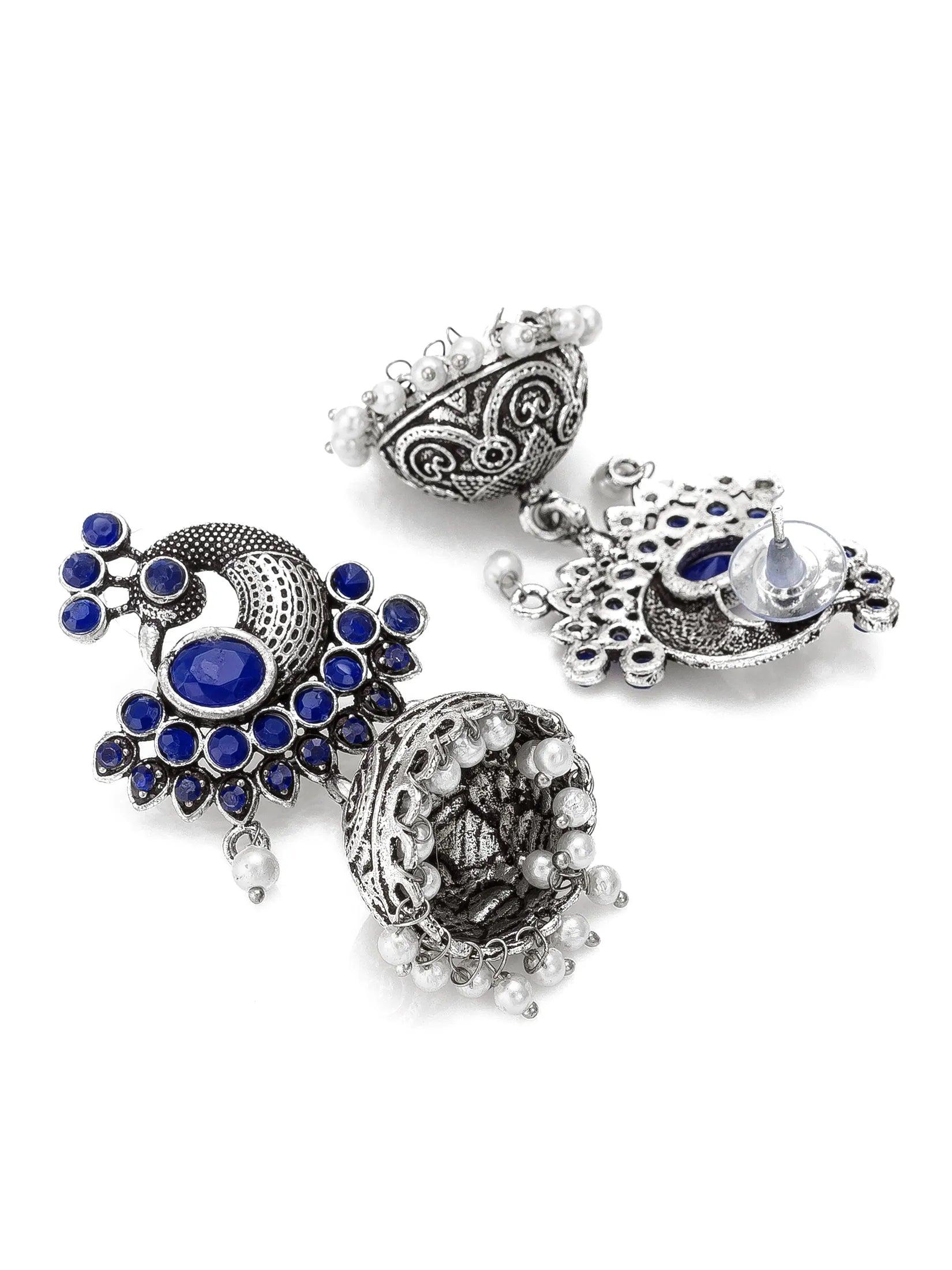 Three silver-toned traditional Indian jhumka earrings with blue stones and white pearl accents, displayed on a clean white background.