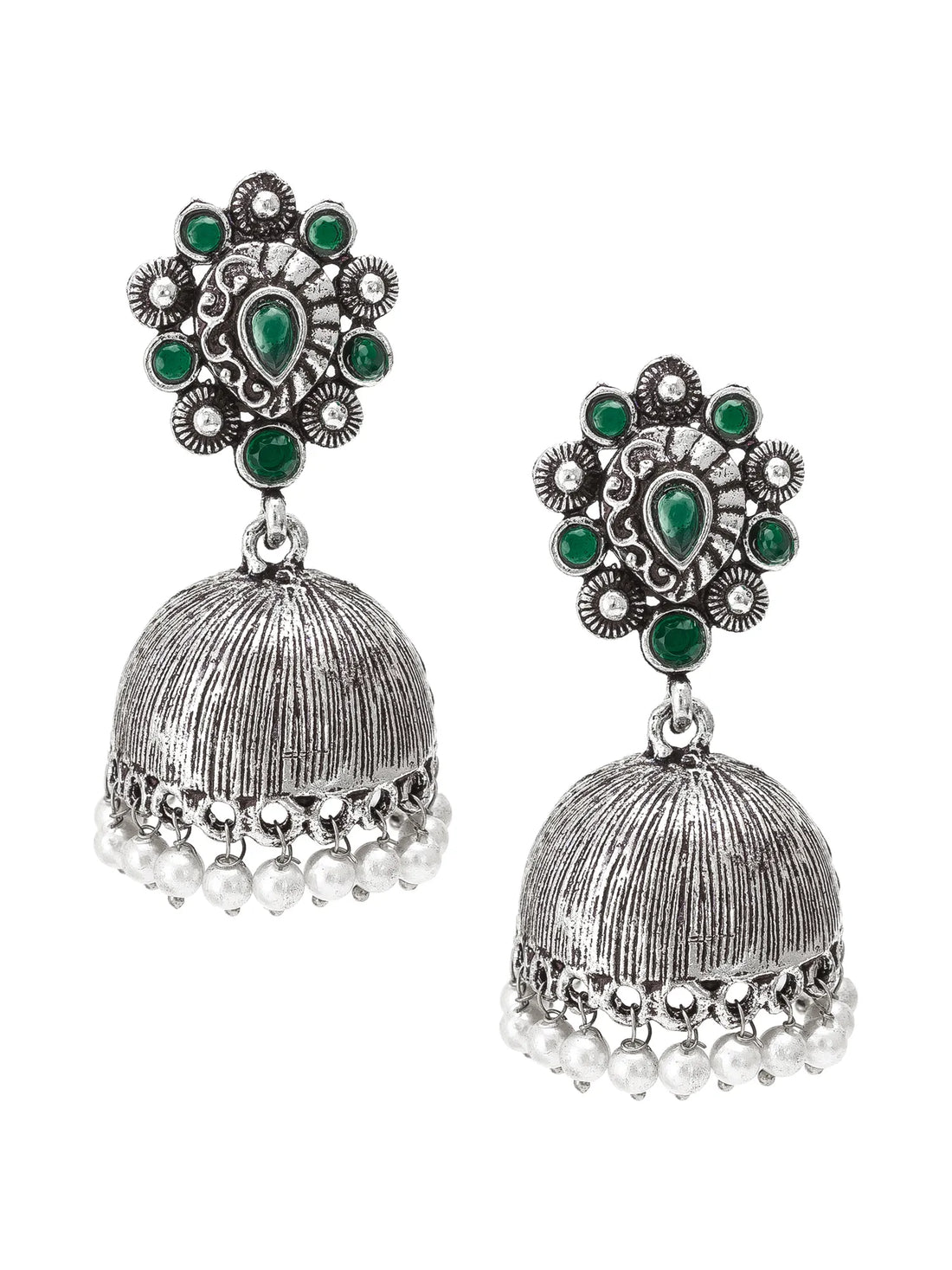 Oxidized Silver Floral Jhumka Earrings
